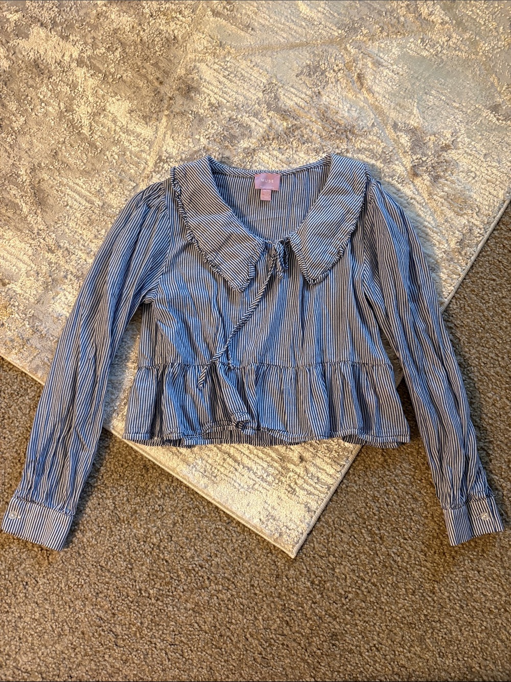 MUSE Women’s Blue Striped Peter Pan Collar Peplum Blouse